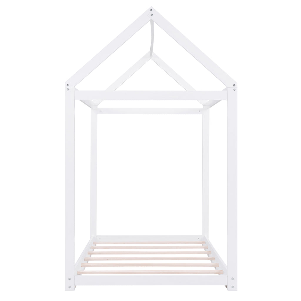 Twin Size Wooden House Bed in White with Pine Wood and MDF Construction, 78.3''L x 42.5''W x 70.3''H - Grand Goldman Shop