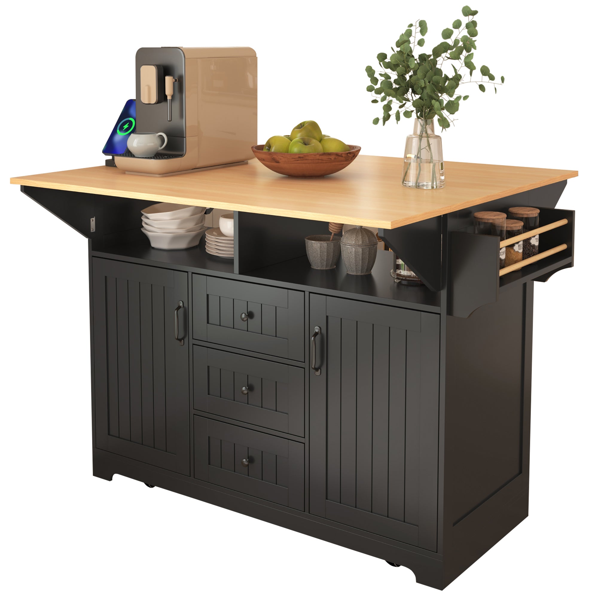 K&K 55.7'' Large Kitchen Island with 2 Drop Leaf,, Rolling Kitchen Cart on 5 Wheels with Power Outlet, Folding Storage Dining Table with Spice & Towel Rack , 3 Drawers, for Kitchen, Dining Room,Black - Grand Goldman Shop