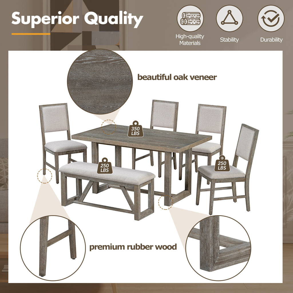 TREXM 6-Piece Retro Dining Table Set for 6, 60' Wood Kitchen Table and Chairs Set of 4 with Bench Designed Trestle Base for kitchen & Dining Room (Gray) - Grand Goldman Shop