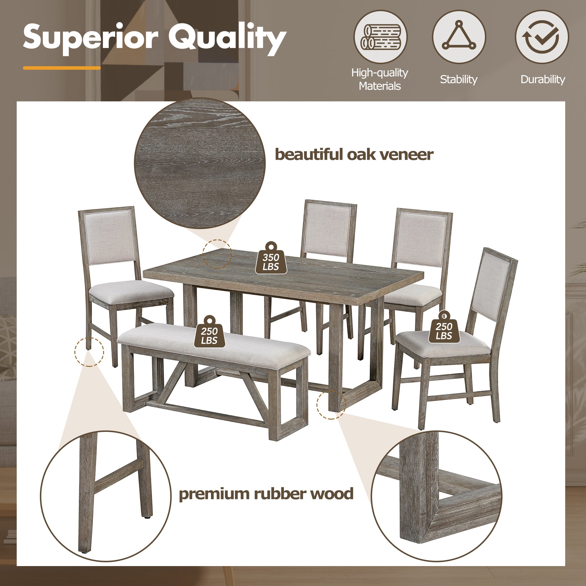 TREXM 6-Piece Retro Dining Table Set for 6, 60' Wood Kitchen Table and Chairs Set of 4 with Bench Designed Trestle Base for kitchen & Dining Room (Gray) - Grand Goldman Shop