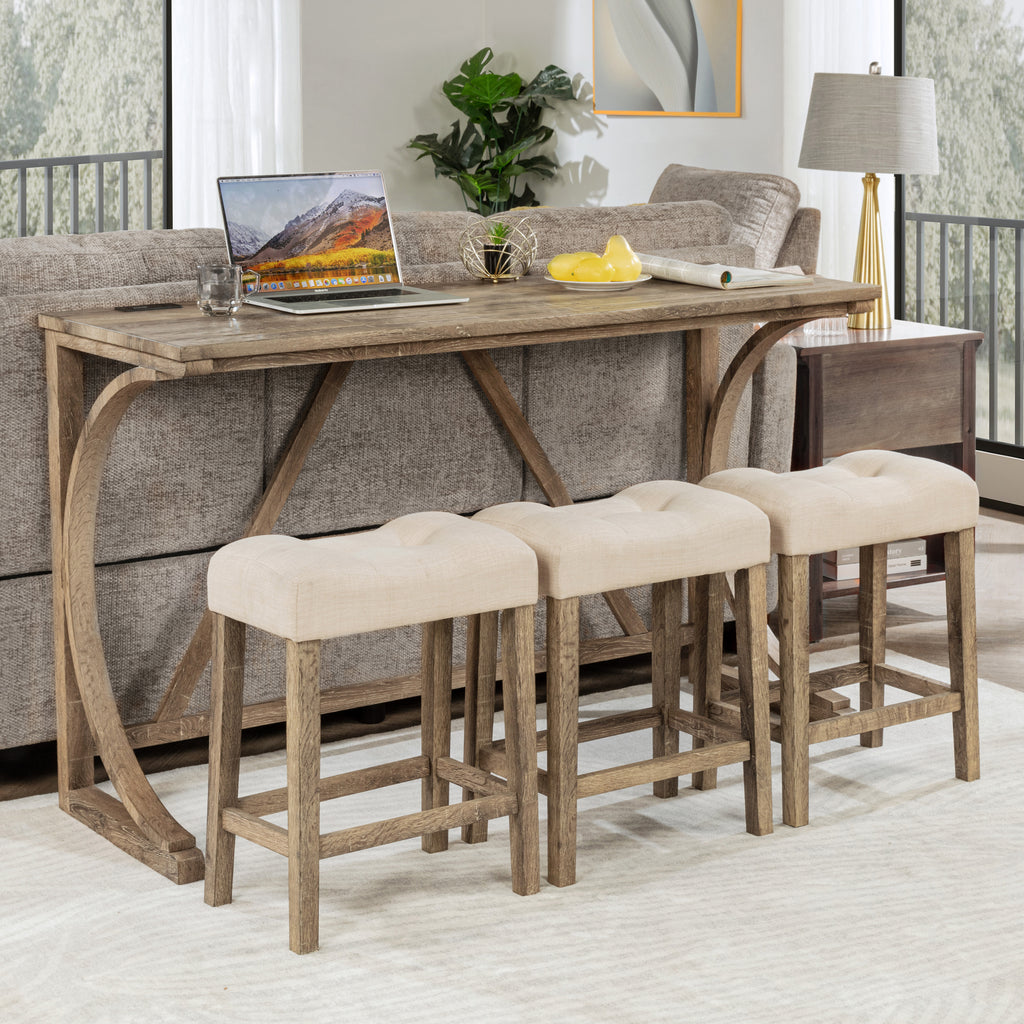 4-Piece Bar Table Set with Power Outlet, Dining Bar Table and Chairs Set, Bar Table Set with 3 Padded Stools for Living Room, Dining Room, Game Room, Brown - Grand Goldman Shop