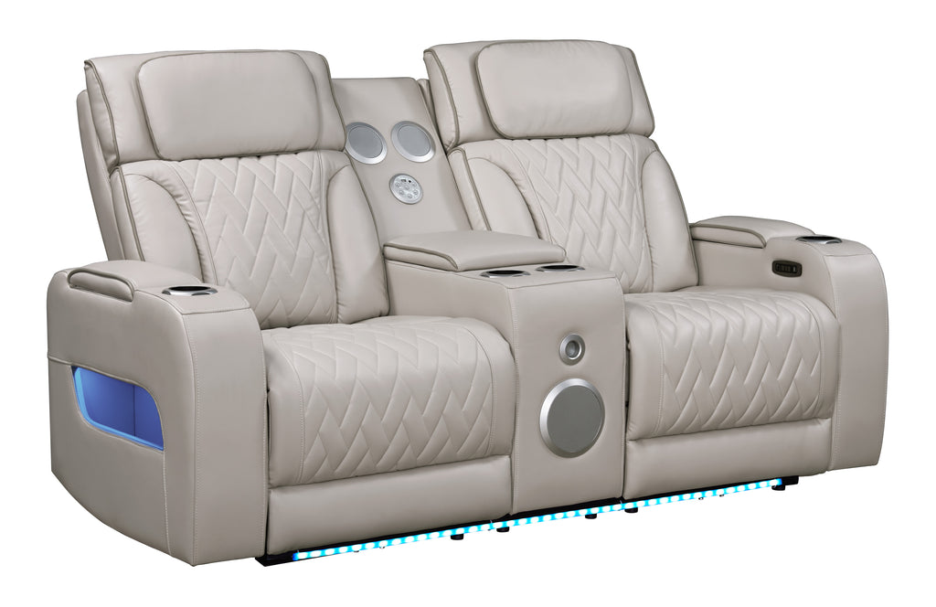 Jazz Ice Leather Aire Transformer Power Reclining Sofa & Loveseat Living Room Set w/Power Headrest, Bluetooth Speakers, LED Lights, Wireless Charging Drop-Down Table, USB Ports, Storage & Cupholders - Grand Goldman Shop