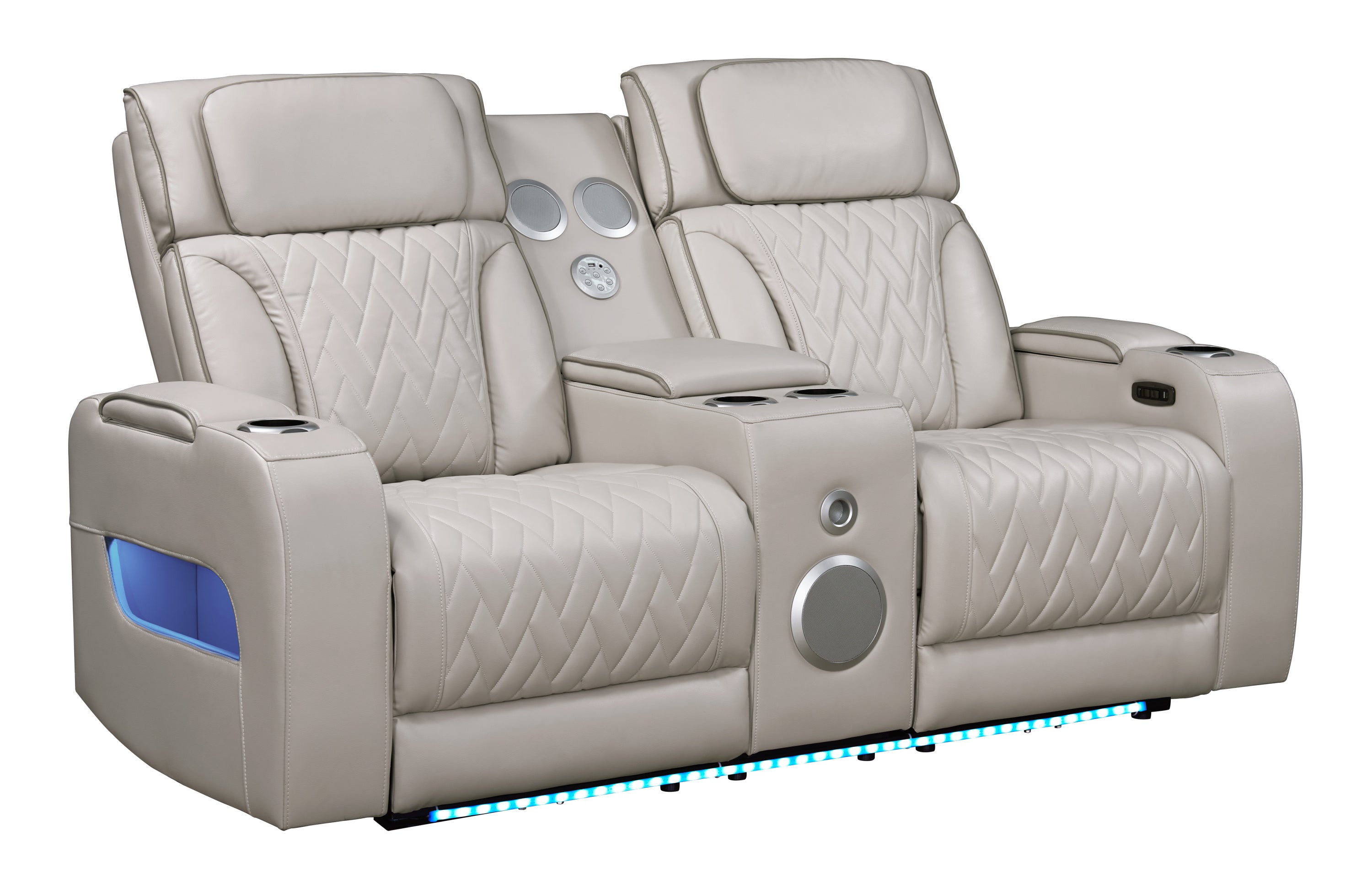 Jazz Ice Leather Aire Transformer Power Reclining Sofa & Loveseat Living Room Set w/Power Headrest, Bluetooth Speakers, LED Lights, Wireless Charging Drop-Down Table, USB Ports, Storage & Cupholders - Grand Goldman Shop