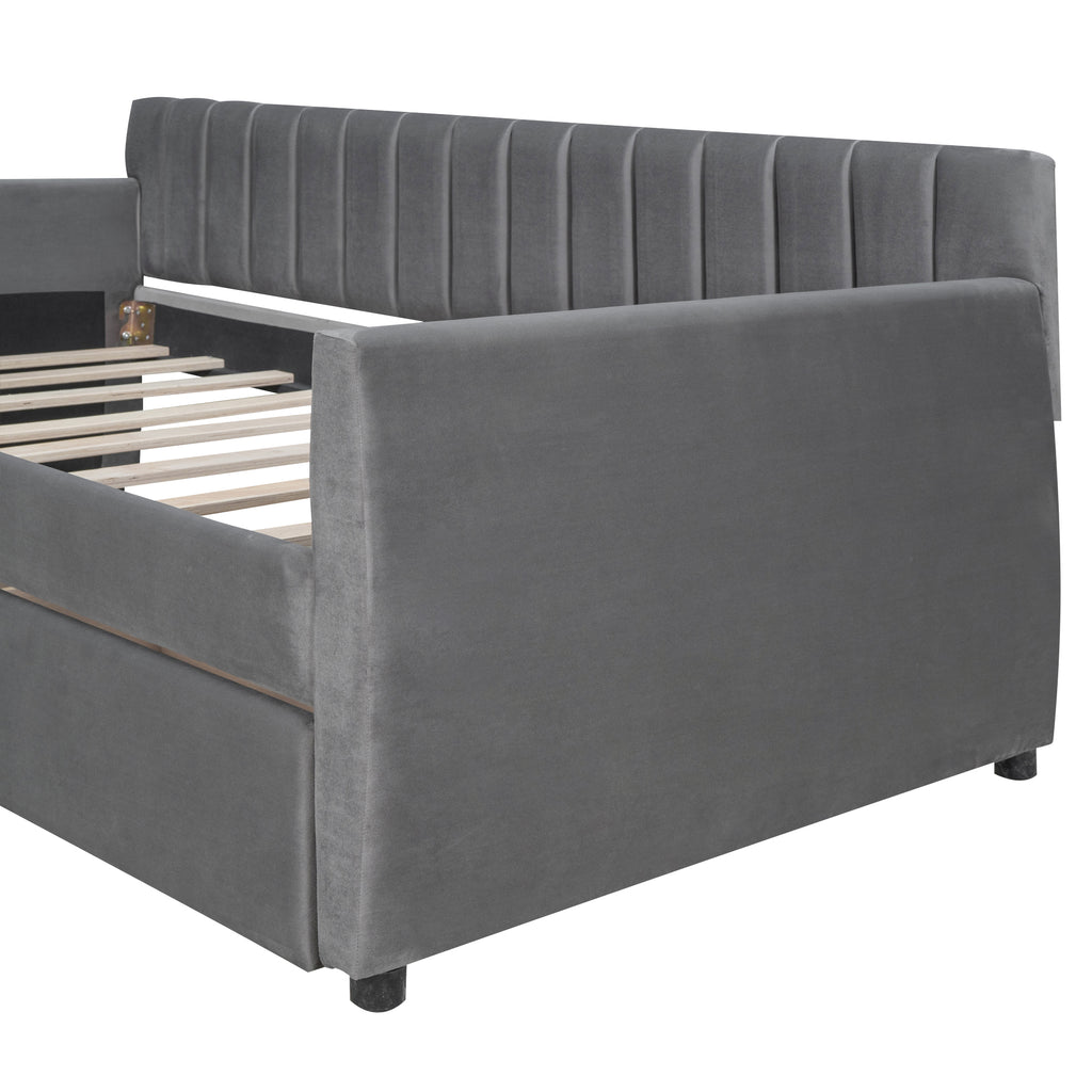 Twin Size Upholstered daybed with Drawers, Wood Slat Support, Gray - Grand Goldman Shop