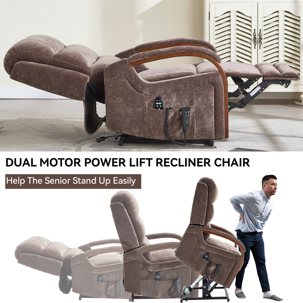 Power Brown Chenille Lift Recliner Chair Dual Motor Infinite Position Up to 350 LBS with Solid Wood Armrests, Heat Massage and Heavy Duty Motion Mechanism - Grand Goldman Shop