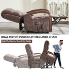 Power Brown Chenille Lift Recliner Chair Dual Motor Infinite Position Up to 350 LBS with Solid Wood Armrests, Heat Massage and Heavy Duty Motion Mechanism - Grand Goldman Shop