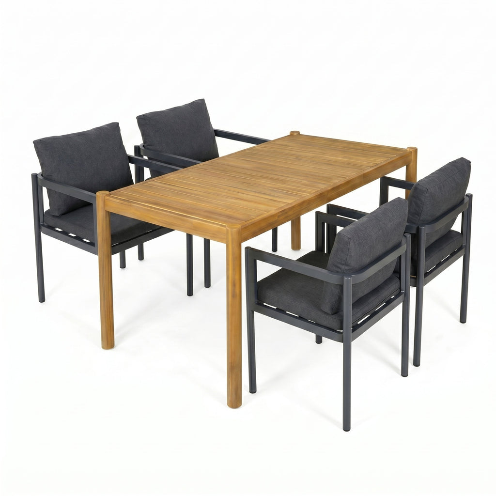 5-Piece Outdoor Patio Dining Set with Acacia Wood Table and Grey Aluminum Chairs with Cushions