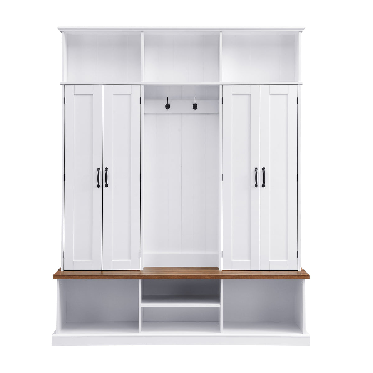 62.2''W Entryway Hall Tree with Bench, 3 Top Cubbies & Bottom Storage Space, Farmhouse Coat Rack with Hooks & Cabinets for Entryway, Hallway, Mudroom, Living Room - Grand Goldman Shop