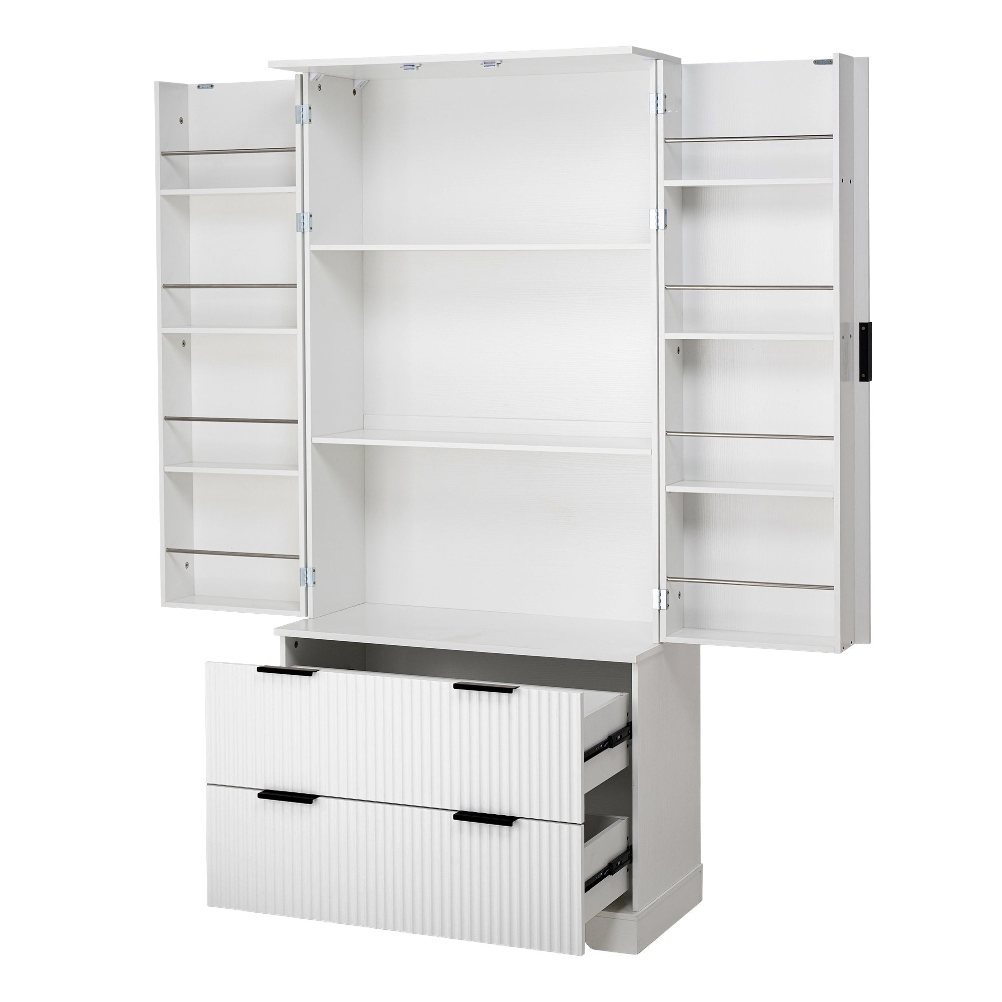 72' Modern Fluted Kitchen Pantry Cabinet with 2 Large Drawers & 8-Door Spice Rack, White MDF Freestanding Storage Organizer for Bathroom, Dining Room, Office, Entryway - Grand Goldman Shop