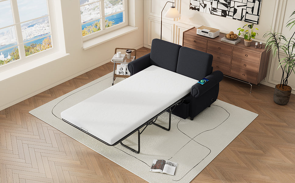 Orisfur Pull Out Sofa Bed Loveseat Sleeper with Twin Size Memory Foam Mattress & USB Ports, Black Linen - Grand Goldman Shop