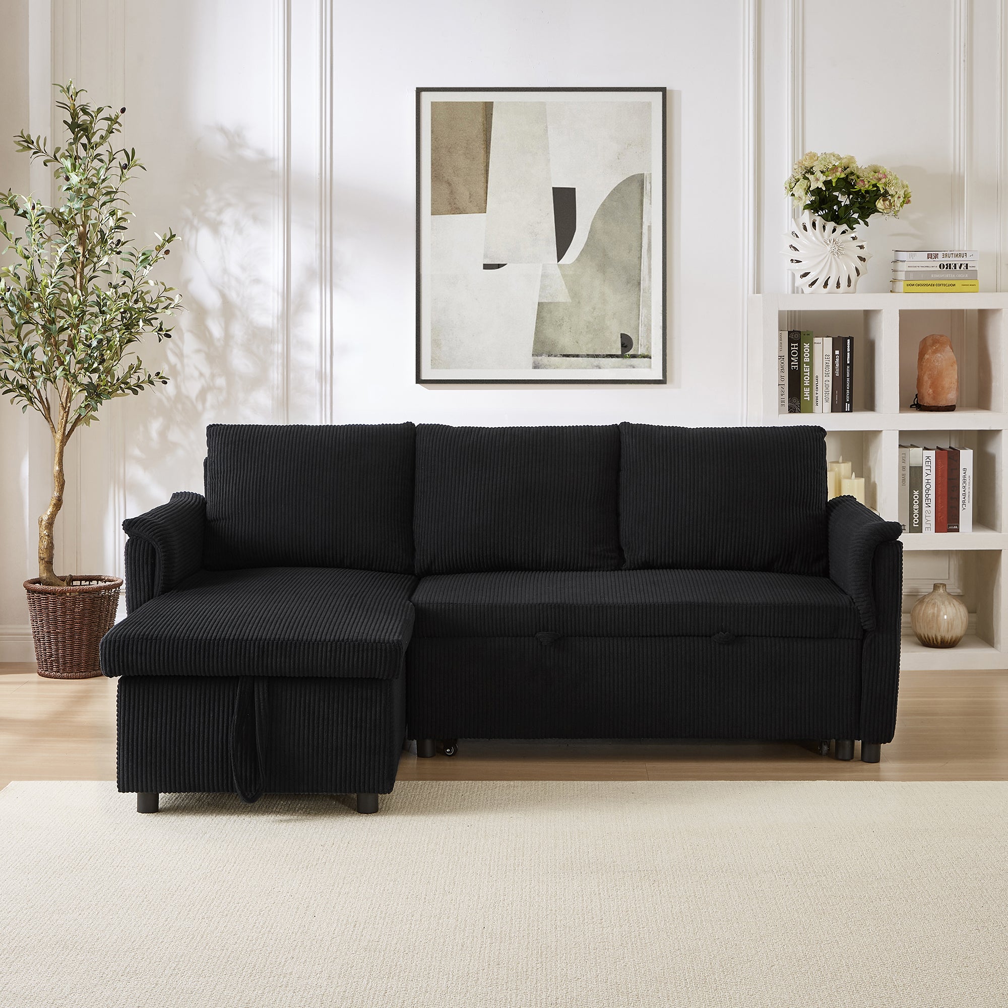 Loveseat Sofa with Chaise Lounge L-Shaped Modular Convertible Sofa with Storage Chaise, Corduroy Tufted Upholstered Sleeper Sectional Sofa,Pull Out Sleep Couch Bed and Reclining Backrest-Black - Grand Goldman Shop