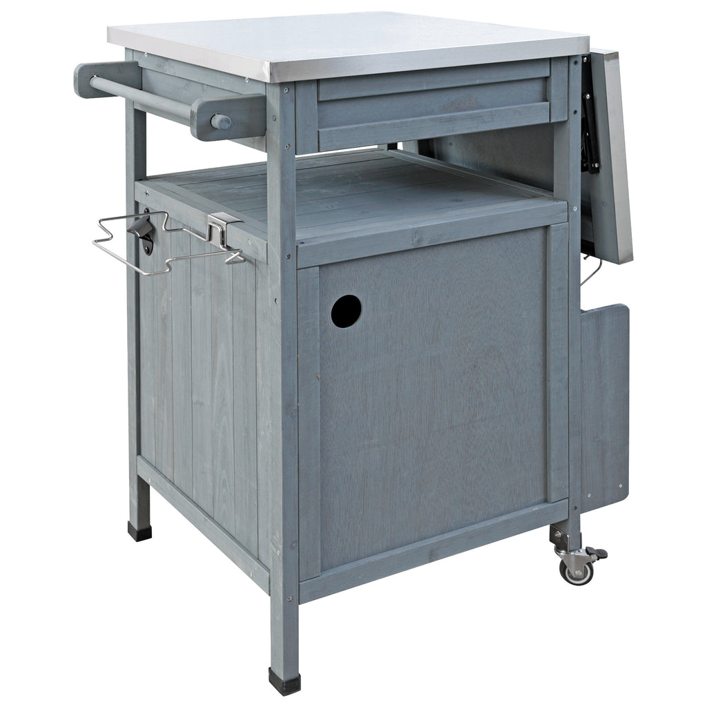 K&K 40.5' Outdoor Grill Cart with Stainless Steel Top, Solid Wood Outdoor Storage Cabinet with Drop Leaf, One Drawer, Towel Rack, Rolling Kitchen Cart with Lockable Wheels for Lawn Garden, Blue Grey - Grand Goldman Shop