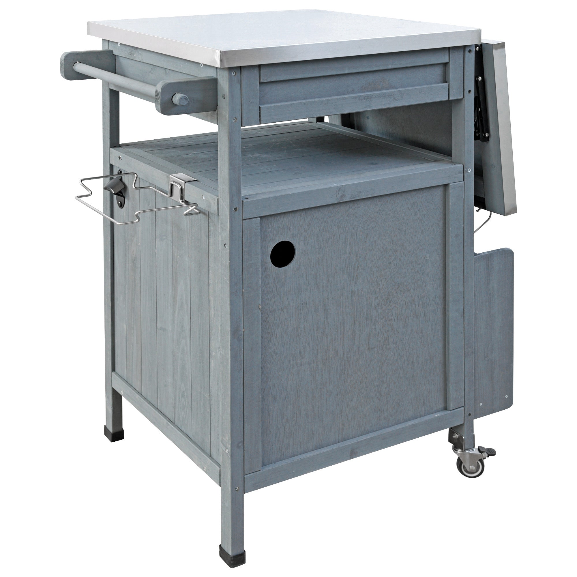 K&K 40.5' Outdoor Grill Cart with Stainless Steel Top, Solid Wood Outdoor Storage Cabinet with Drop Leaf, One Drawer, Towel Rack, Rolling Kitchen Cart with Lockable Wheels for Lawn Garden, Blue Grey - Grand Goldman Shop
