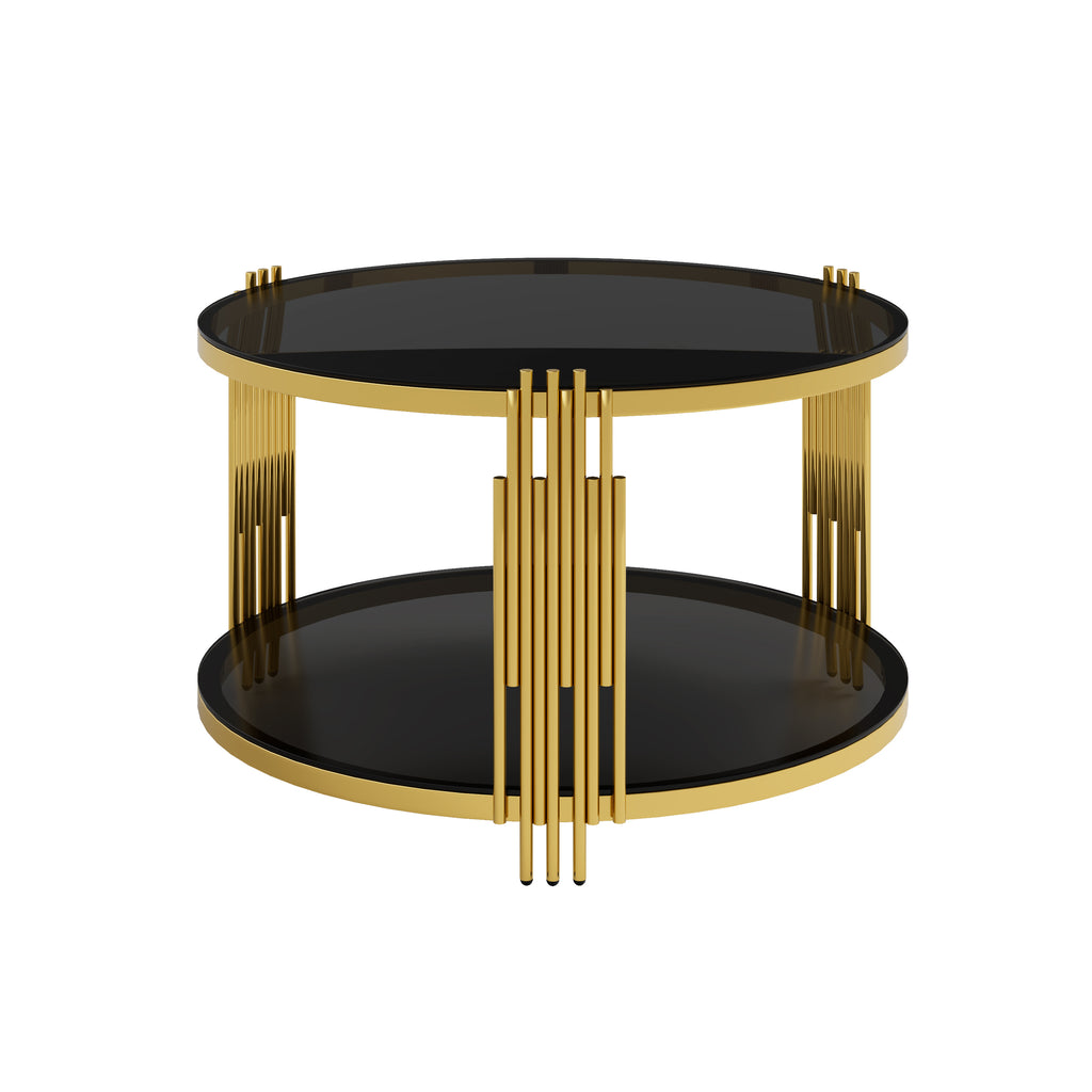 Modern Black Mirror Coffee Table, Asymmetrical Metal, Circular Metal Drum Base, Gold Finish & Lower Shelf - Grand Goldman Shop