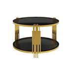 Modern Black Mirror Coffee Table, Asymmetrical Metal, Circular Metal Drum Base, Gold Finish & Lower Shelf - Grand Goldman Shop