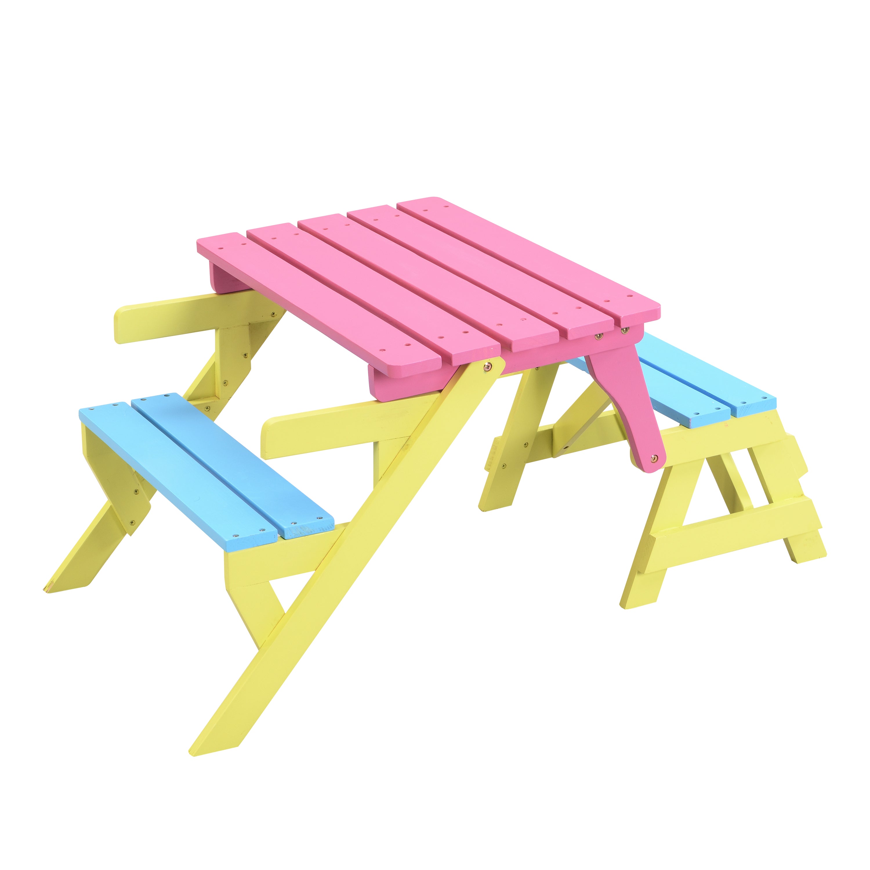 Kids Multi-Functional Arm Chair, Table + 2 Benches All-in-One Set, Blue + Pink, Wood, 40.60 x 20.10 x 18.70 inches - Grand Go