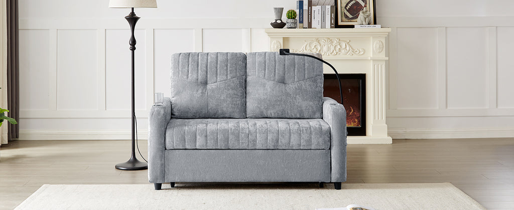 Modern Loveseat Pull-out Sofa Bed with Adjustable Backrest, Cup Holders, Phone Holder, Charging Ports, Side Storage Pockets, Grey Chenille - Grand Goldman Shop