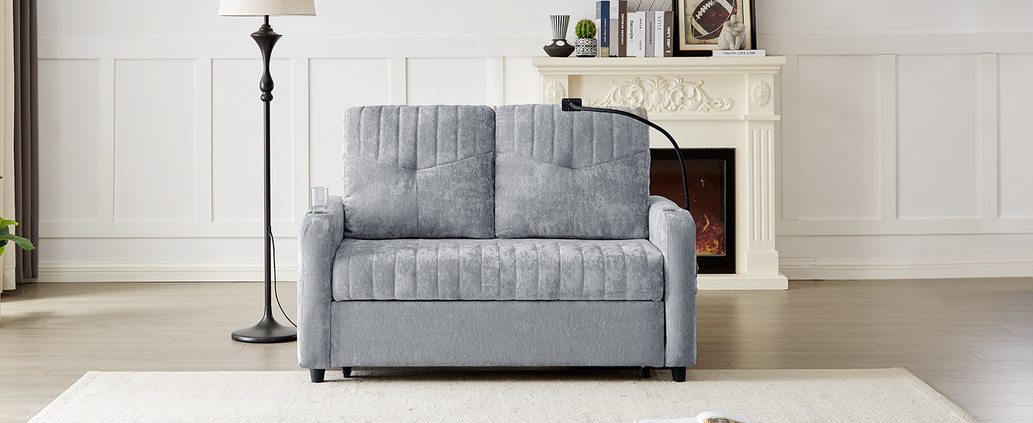 Modern Loveseat Pull-out Sofa Bed with Adjustable Backrest, Cup Holders, Phone Holder, Charging Ports, Side Storage Pockets, Grey Chenille - Grand Goldman Shop