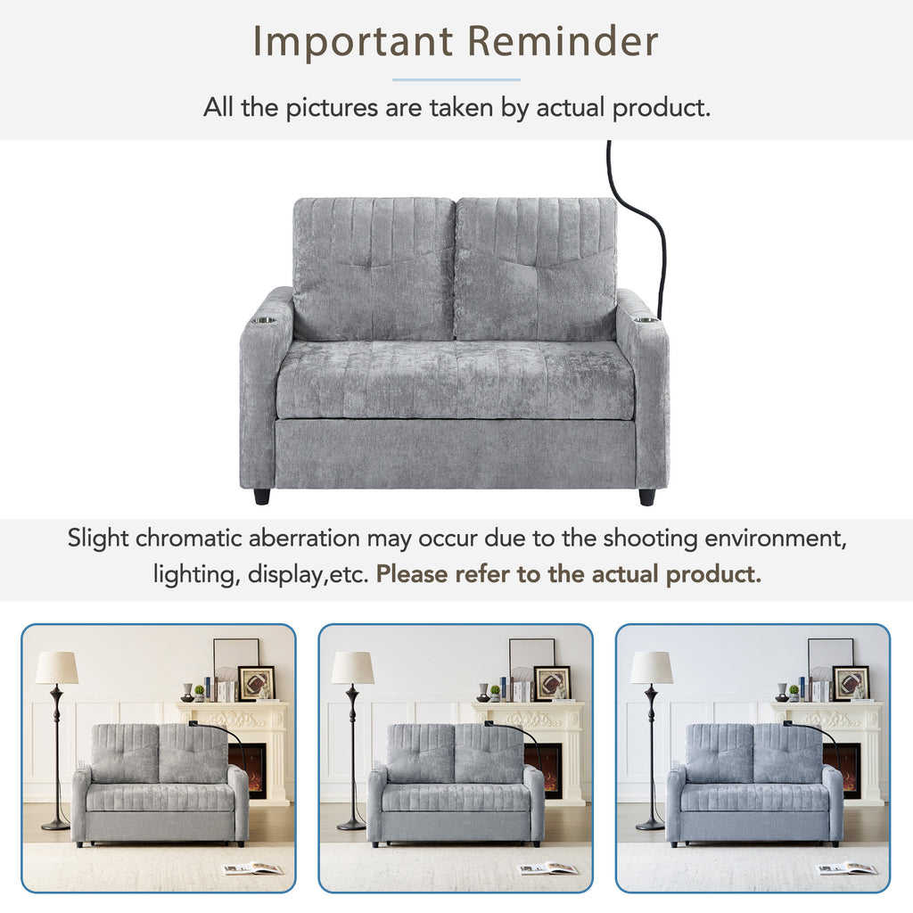 Modern Loveseat Pull-out Sofa Bed with Adjustable Backrest, Cup Holders, Phone Holder, Charging Ports, Side Storage Pockets, Grey Chenille - Grand Goldman Shop