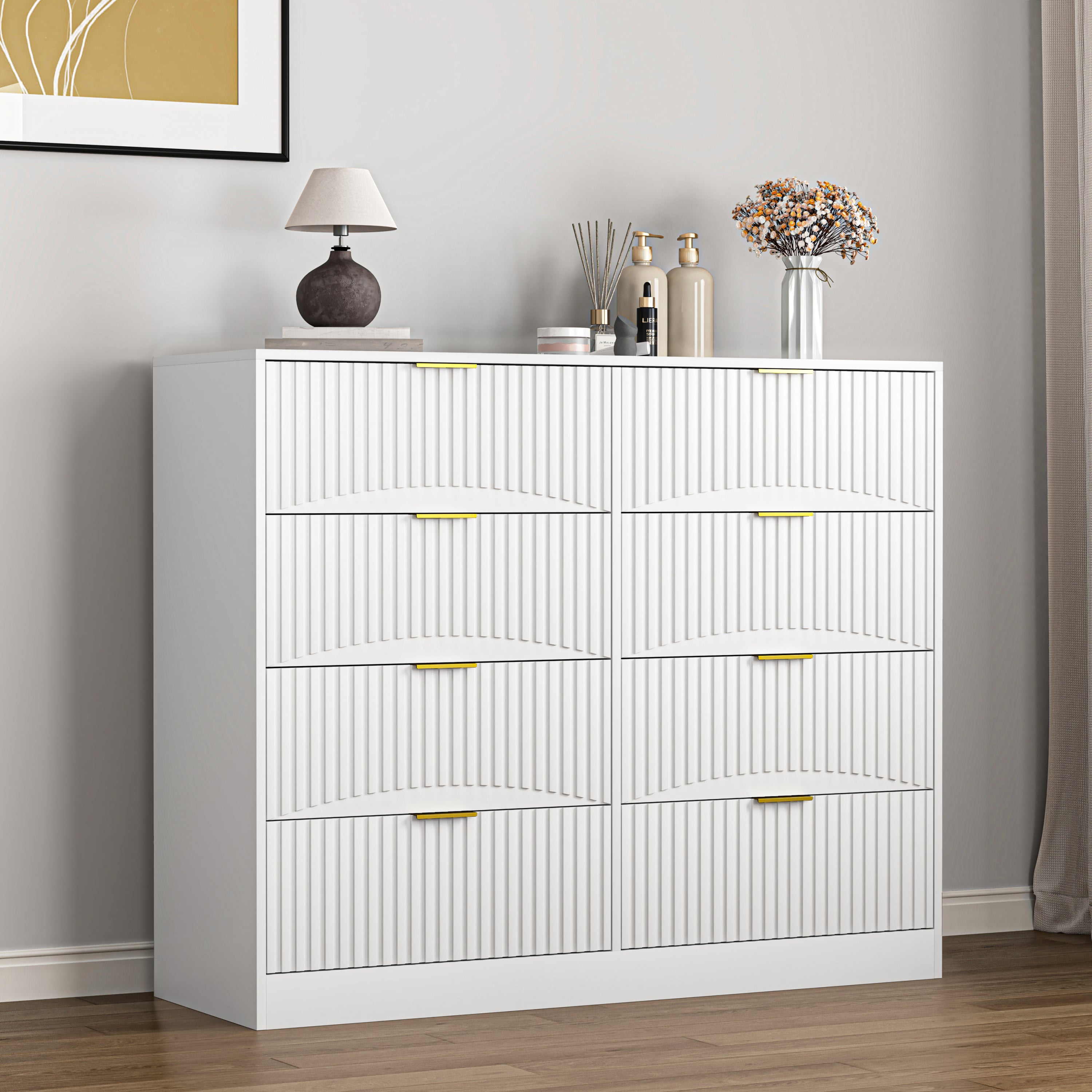 Modern 8 Drawers Dresser Chests for Bedroom,47.2' Wide Wood Chest of Drawers with Gold Metal Handle,Drawer Organizer for Bedroom,Living Room,Hallway and Entryway,White - Grand Goldman Shop