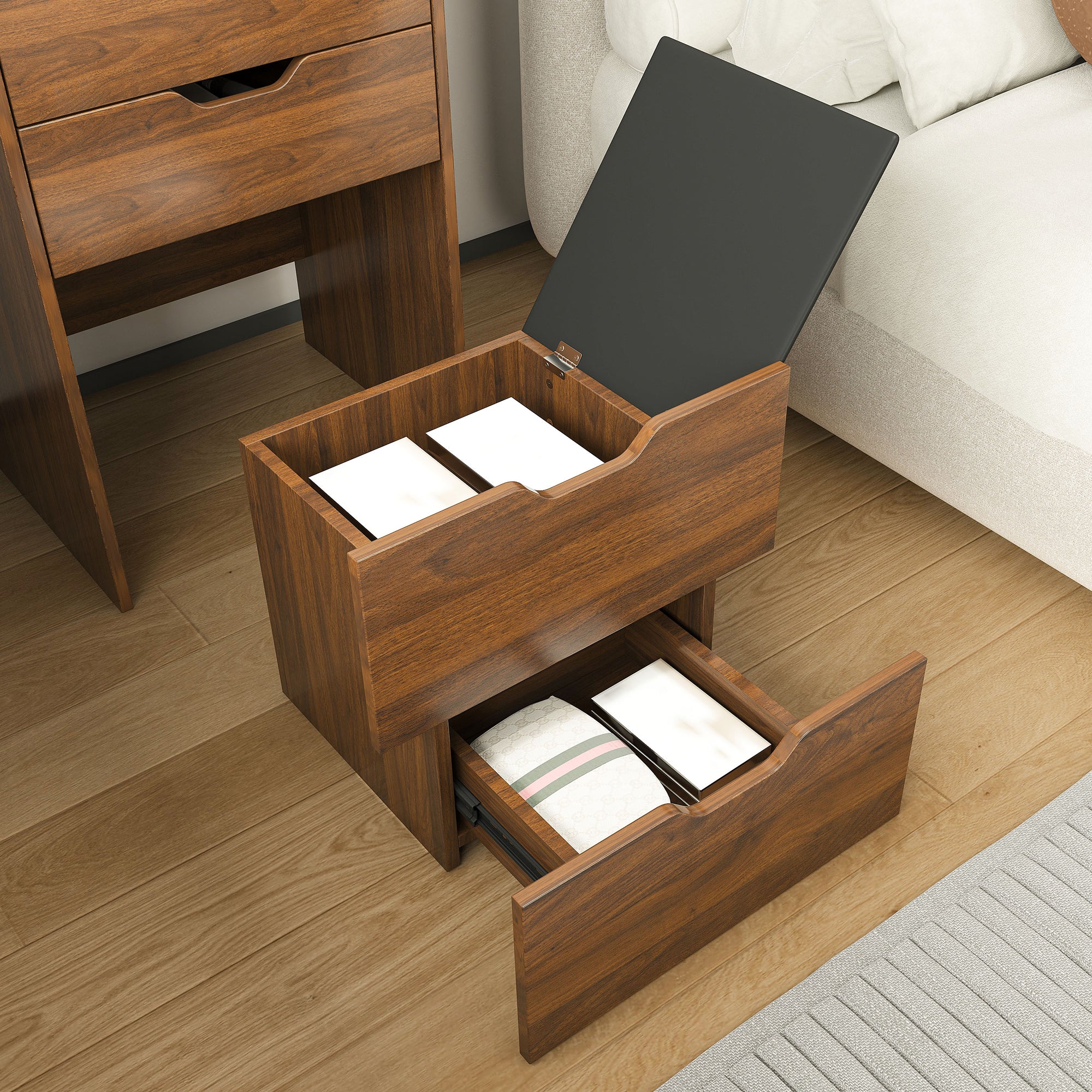 3-in-1 Vanity Desk with Lighted Mirror & Stool, Flip Top Makeup Dressing Table in Walnut Finish, Compact Storage for Bedroom or Bathroom - Grand Goldman Shop
