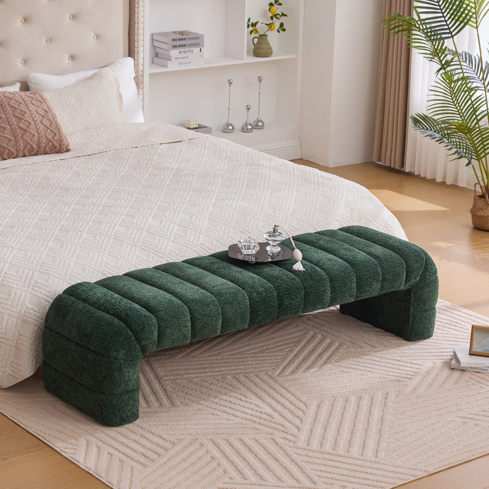 Modern Upholstered Armless Bed Bench with Channel Tufting in Green Chenille, 69.7' Wide - Grand Goldman Shop