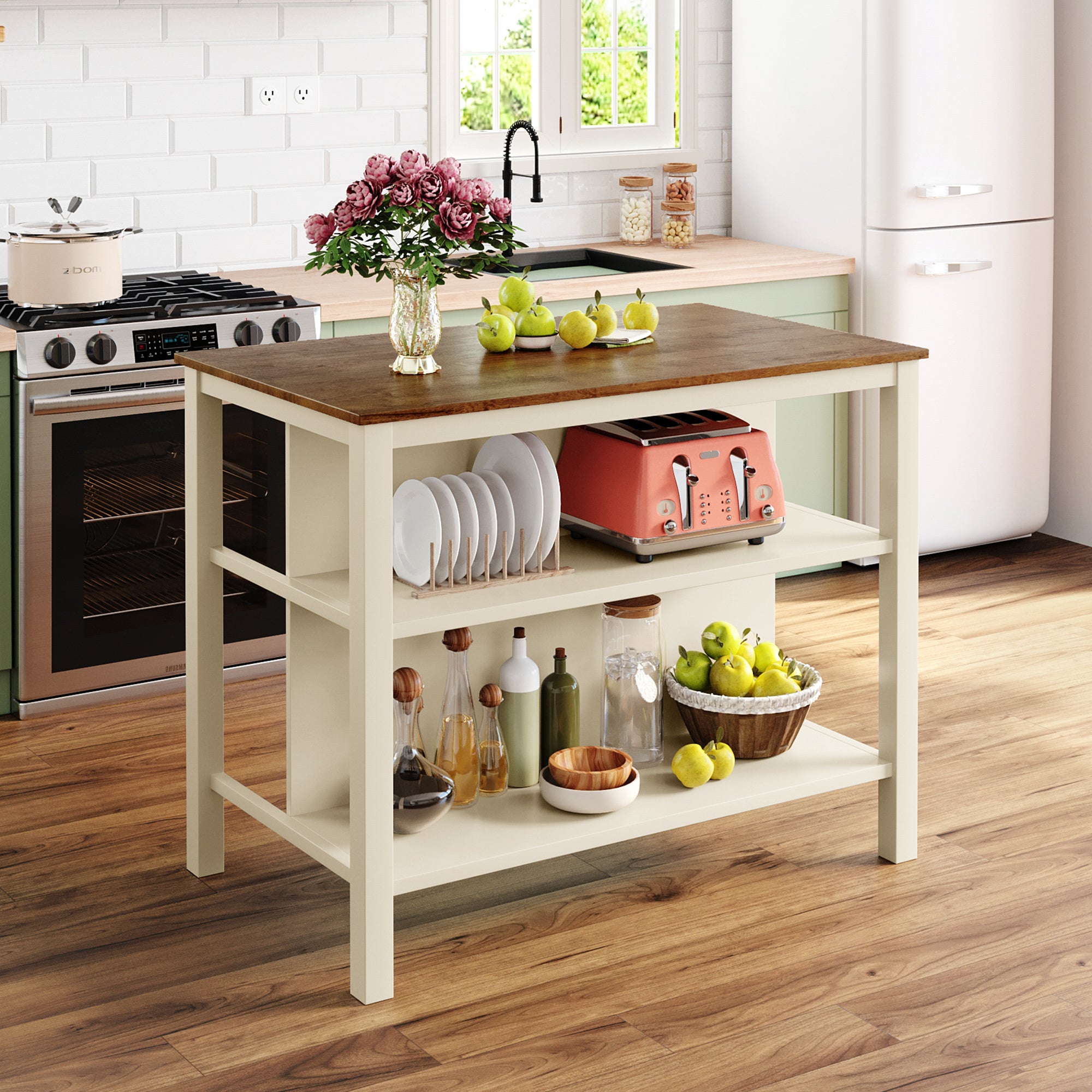 TOPMAX Rustic 3-piece Stationary Kitchen Island Set with Butcher Block and Seating, Walnut and Cream White - Grand Goldman Shop