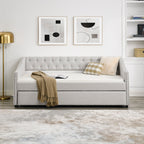 Beige Upholstered Tufted Twin Daybed with Trundle, Copper Nail-Trimmed Waved Arms, Eucalyptus Wood Frame, 80.5'x41'x30.5' - Grand Goldman Shop