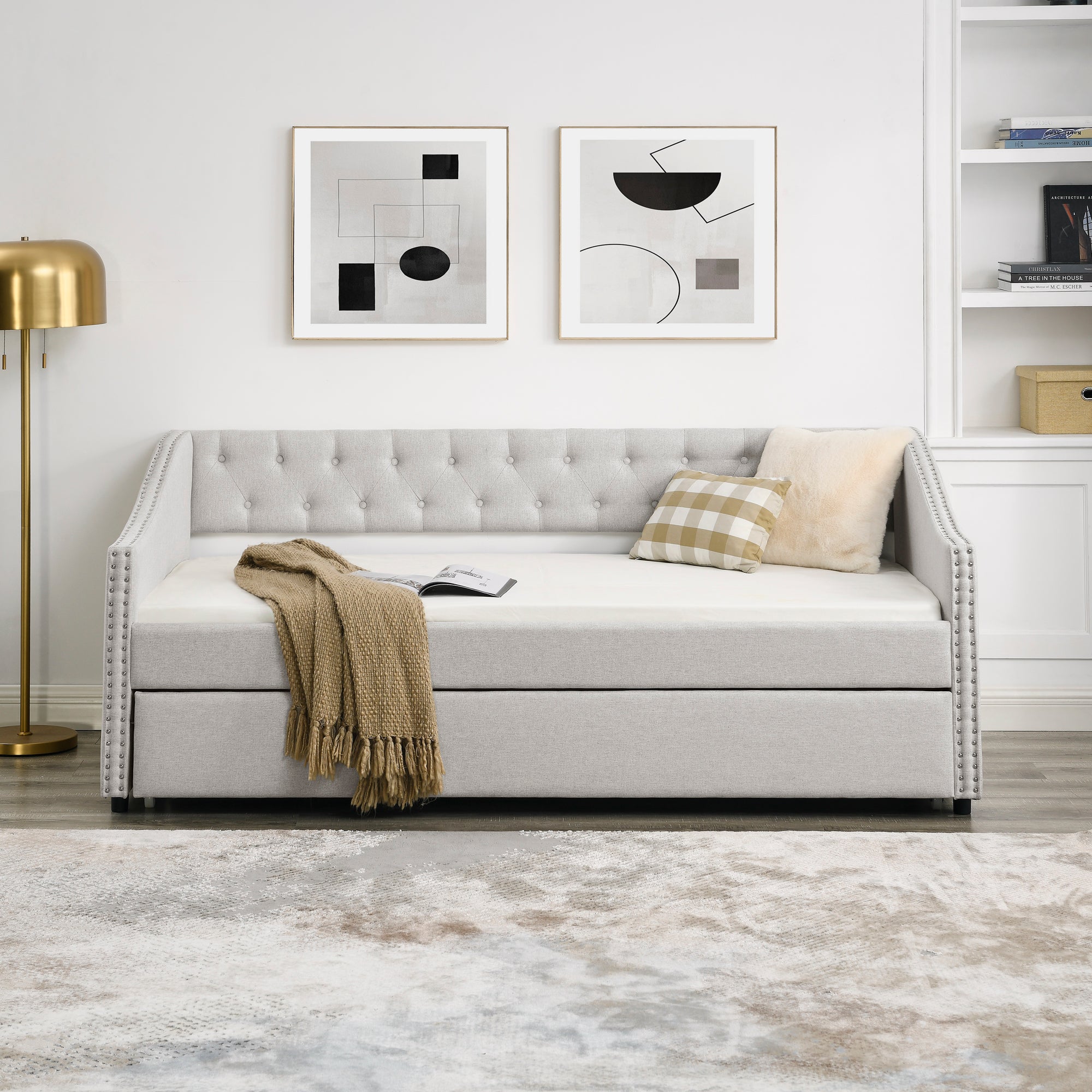 Beige Upholstered Tufted Twin Daybed with Trundle, Copper Nail-Trimmed Waved Arms, Eucalyptus Wood Frame, 80.5'x41'x30.5' - Grand Goldman Shop