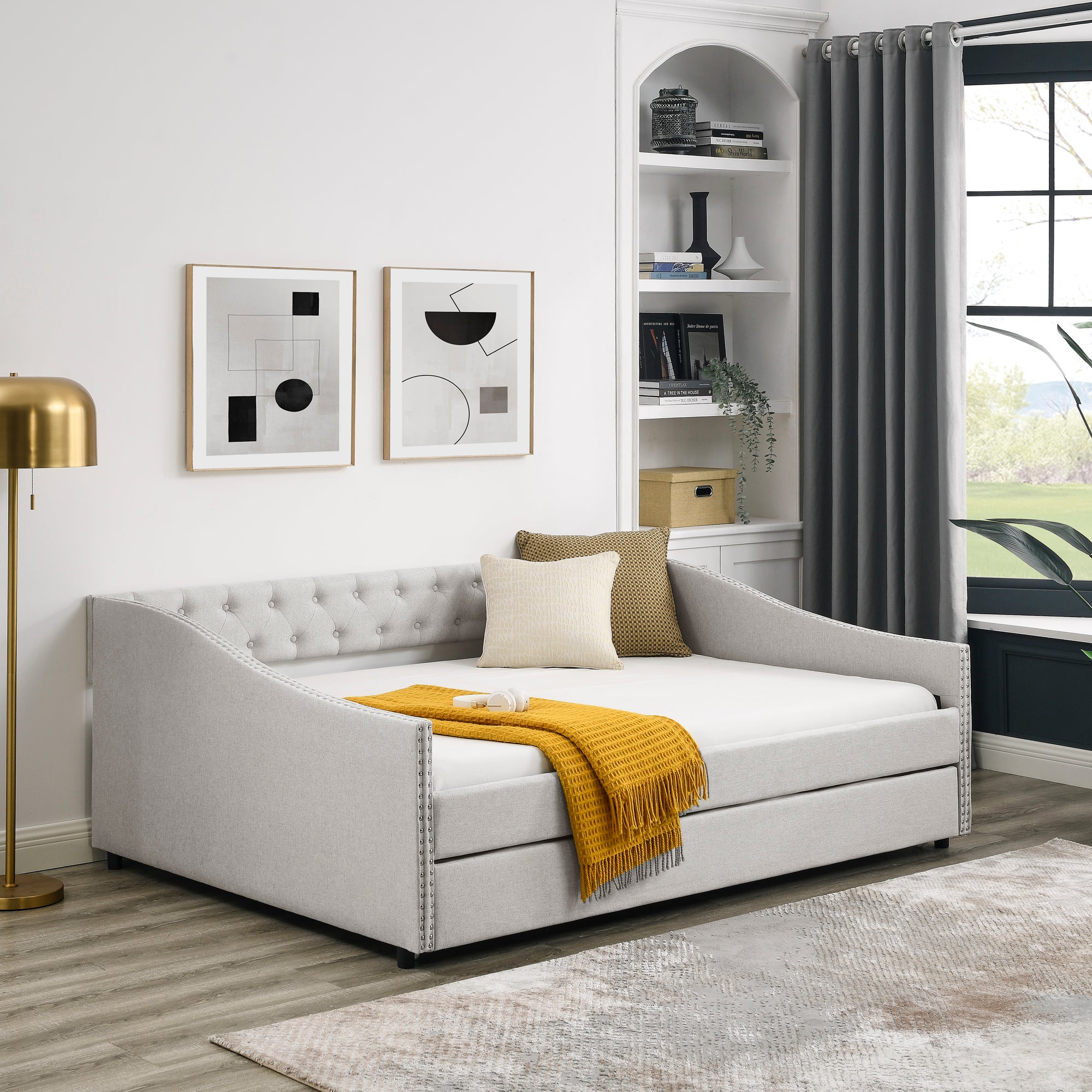 Beige Upholstered Tufted Daybed with Twin Trundle, Button-Back and Copper Nail-Waved Arms, Eucalyptus Wood Frame, 80.5''x55.5''x27.5'' - Grand Goldman Shop