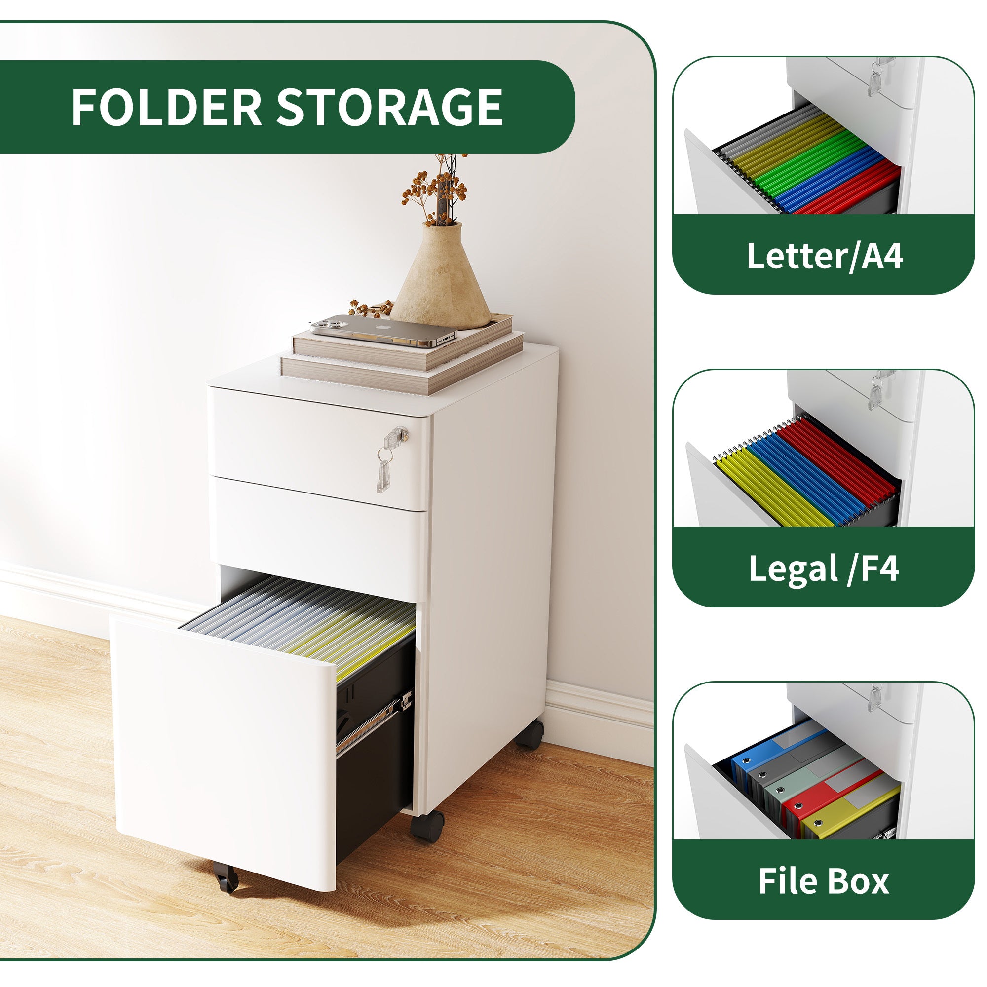 3-Drawer Mobile File Cabinet with Lock, All-Steel Metal Storage on Wheels, Two Shallow & One Deep Drawer for Office/Home, Ful