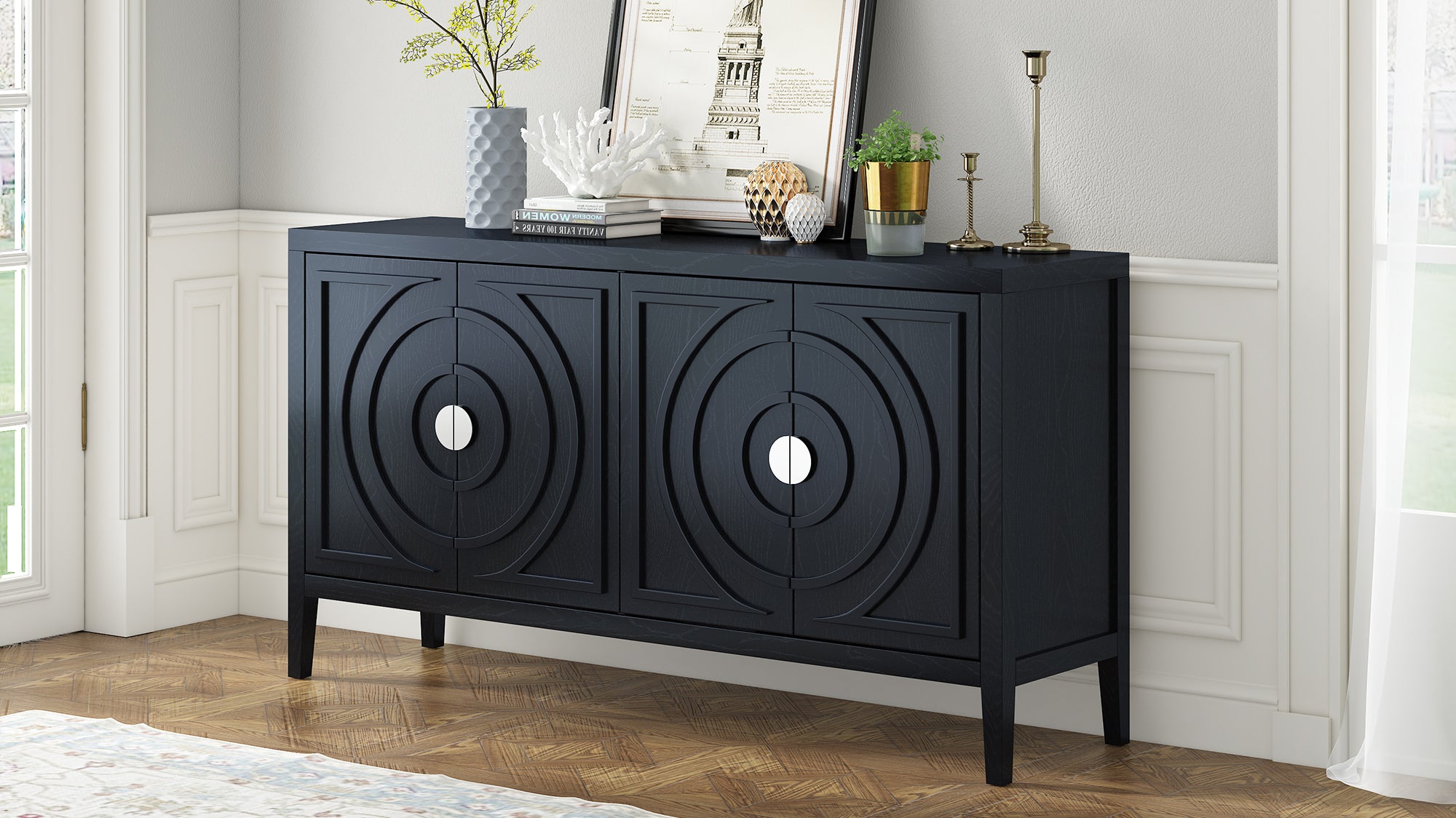 TREXM Retro Sideboard door with Circular Groove Design Round Metal Door Handle for Entrance, Dinning Room, Living Room (Black) - Grand Goldman Shop