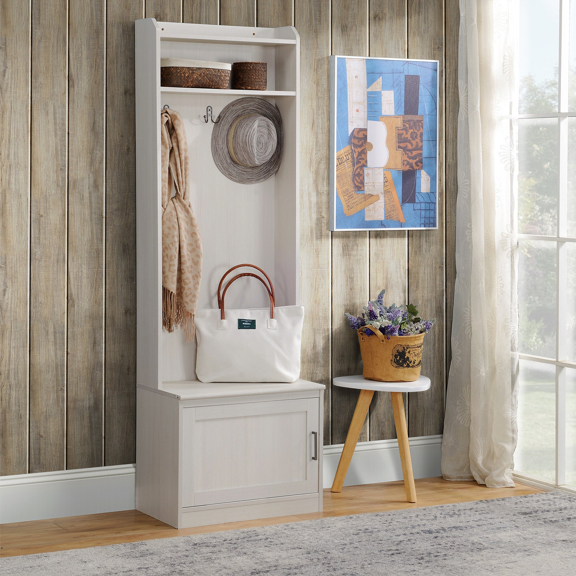 HOMCOM Rustic Hall Tree with Shoe Storage Bench, Entryway Bench with Coat Rack, Accent Coat Tree with Storage Shelves for Hallway, Mudroom, White Wood Grain - Grand Goldman Shop