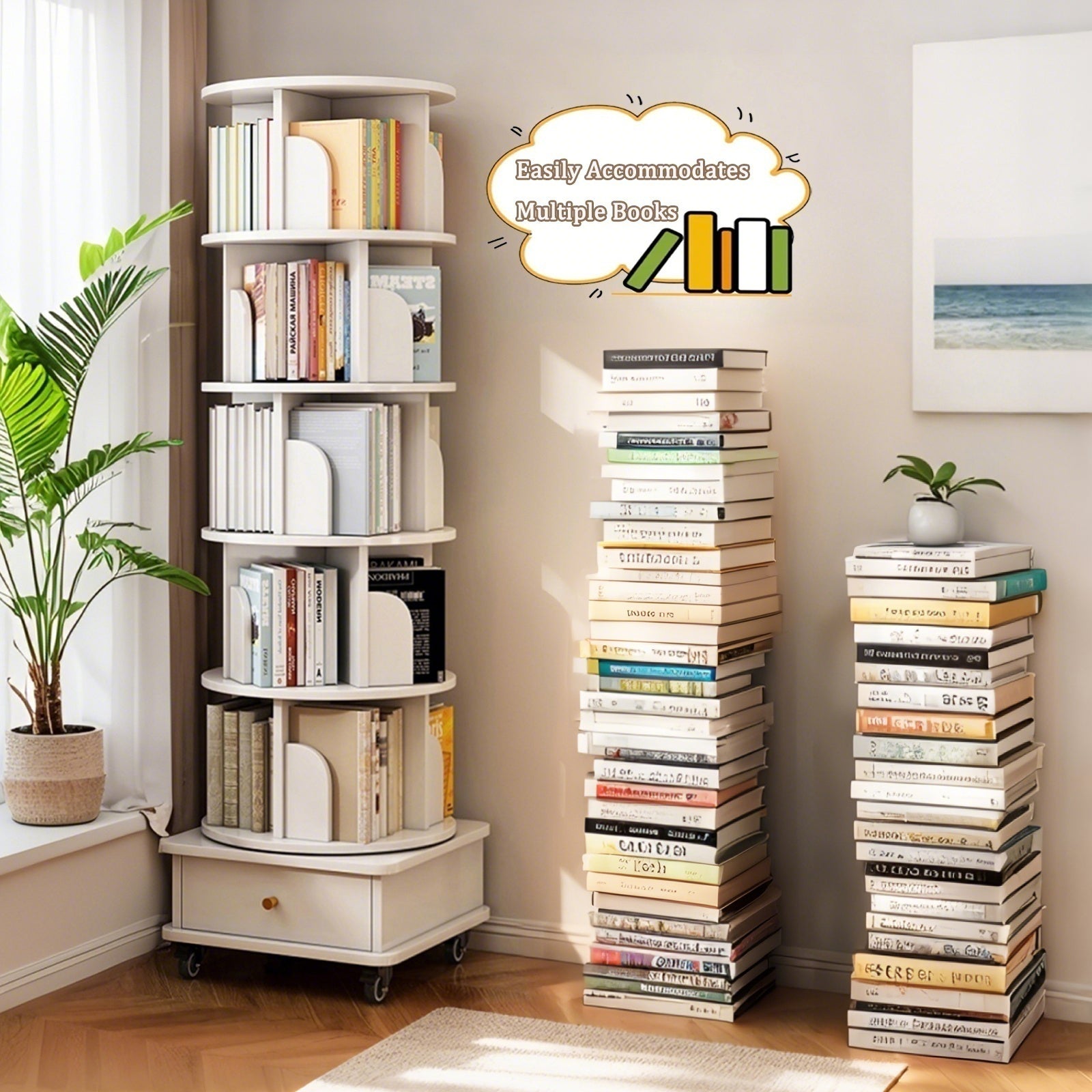 6 Tier Rotating Bookshelf, 360° Display Round Spinning Bookshelf with Wheels and Drawer, Space-Saving, Small Space Rotating Bookshelf Tower for Bedroom, Living Room, Home, Office, Warm White - Grand Goldman Shop