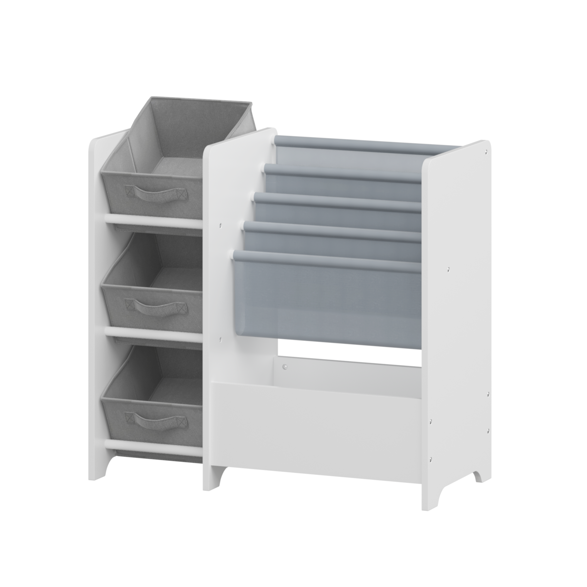 Kids Bookshelf and Toy Storage Organizer, Multifunctional 4-Tier White MDF Bookshelf with 3 Collapsible Fabric Drawers for Nu