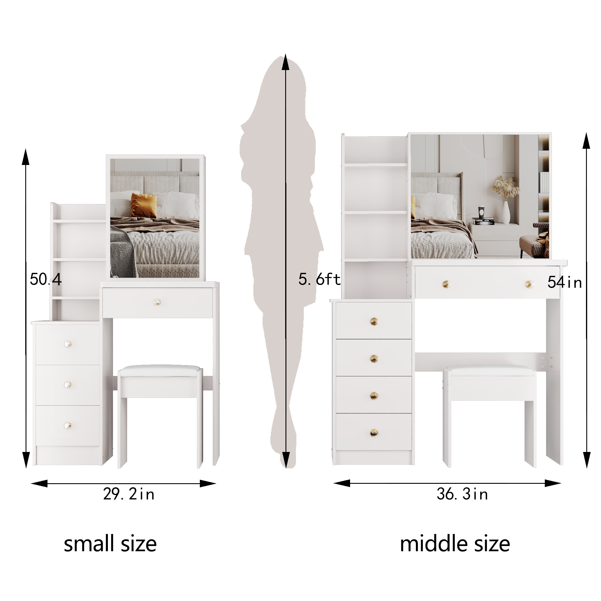 29.2' Small Space Left Bedside Cabinet Vanity Table + Cushioned Stool, Extra Large Right sliding mirror, Multi Layer High Capacity Storage, Practical Fashionable Dresser, EPA, GCC, UL Certificate - Grand Goldman Shop