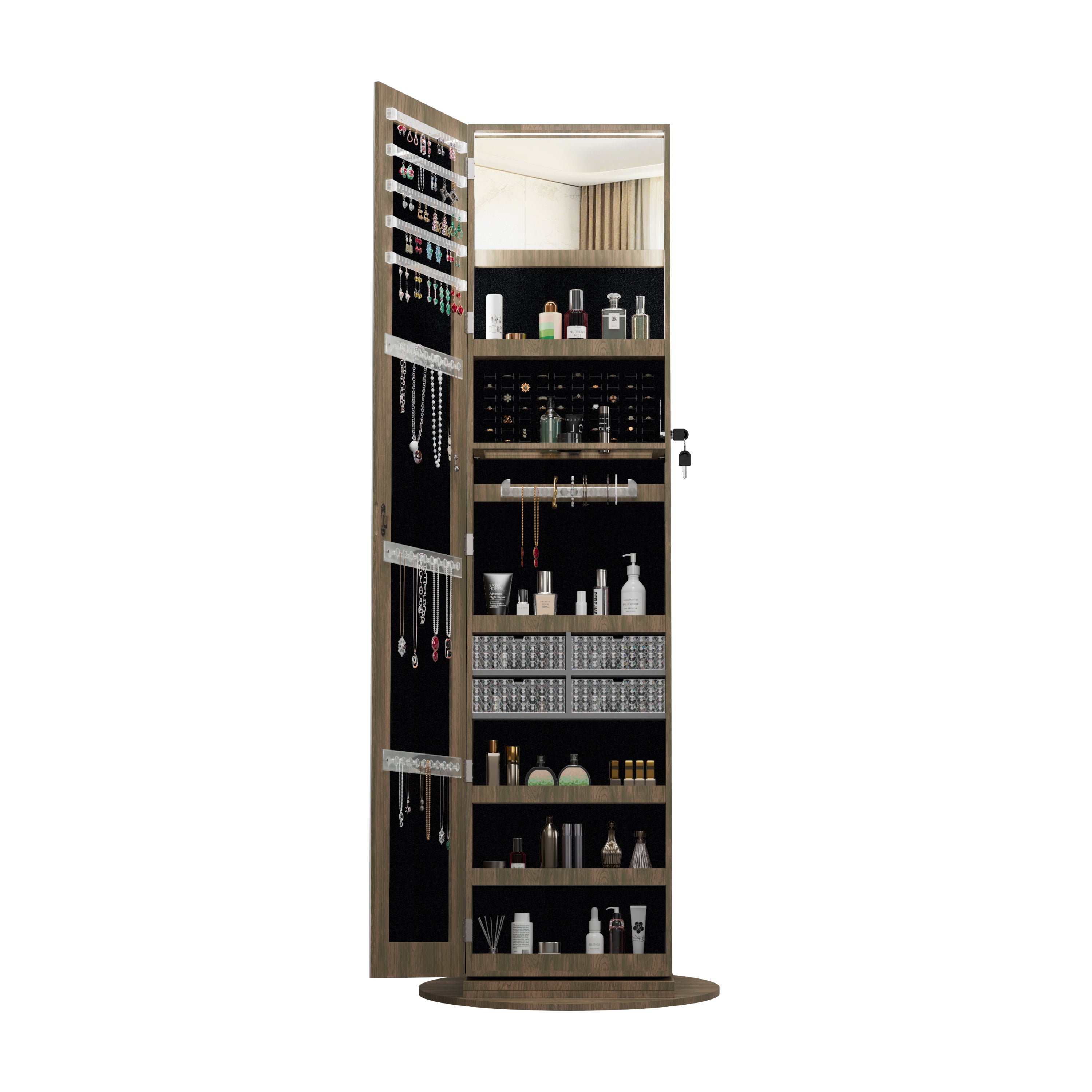 360°Swivel Jewelry Cabinet with Full Length Mirror, 360°Rotating Standing Jewelry Armoire Organizer , Lockable Storage Cabinet, Interior Lighted Mirror, Brown - Grand Goldman Shop