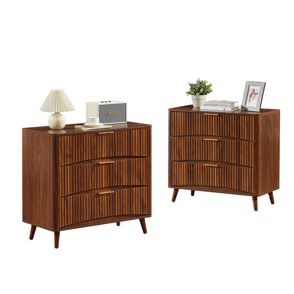 Fluted 3 Drawer Dresser Set of 2, Mid-Century Modern Tall Chest of Drawers with Vertical Grooved Design, Solid Wood Storage Cabinet with Metal Handles for Bedroom Living Room, Walnut - Grand Goldman Shop