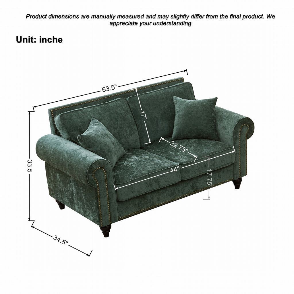 Modern 2-Seater Sofa with Rolled Arms, Tufted Upholstery, Wood Legs, Nailhead Trim, Beige Fabric, 63' - Grand Goldman Shop