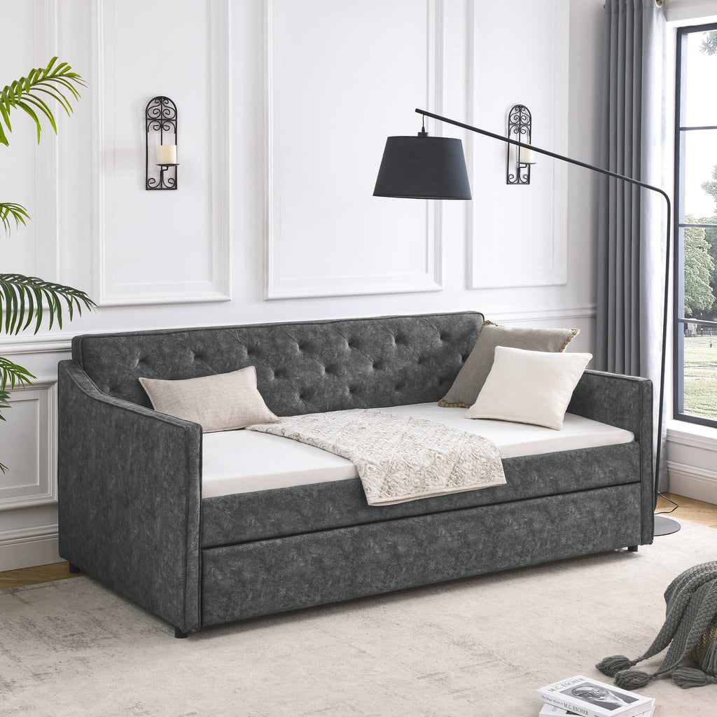 Mid-Century Grey Upholstered Twin Daybed with Trundle, Waved Arms, Eucalyptus Wood Frame, 80.5''x44.5''x33.5'' - Grand Goldman Shop