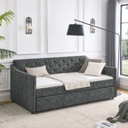 Mid-Century Grey Upholstered Twin Daybed with Trundle, Waved Arms, Eucalyptus Wood Frame, 80.5''x44.5''x33.5'' - Grand Goldman Shop