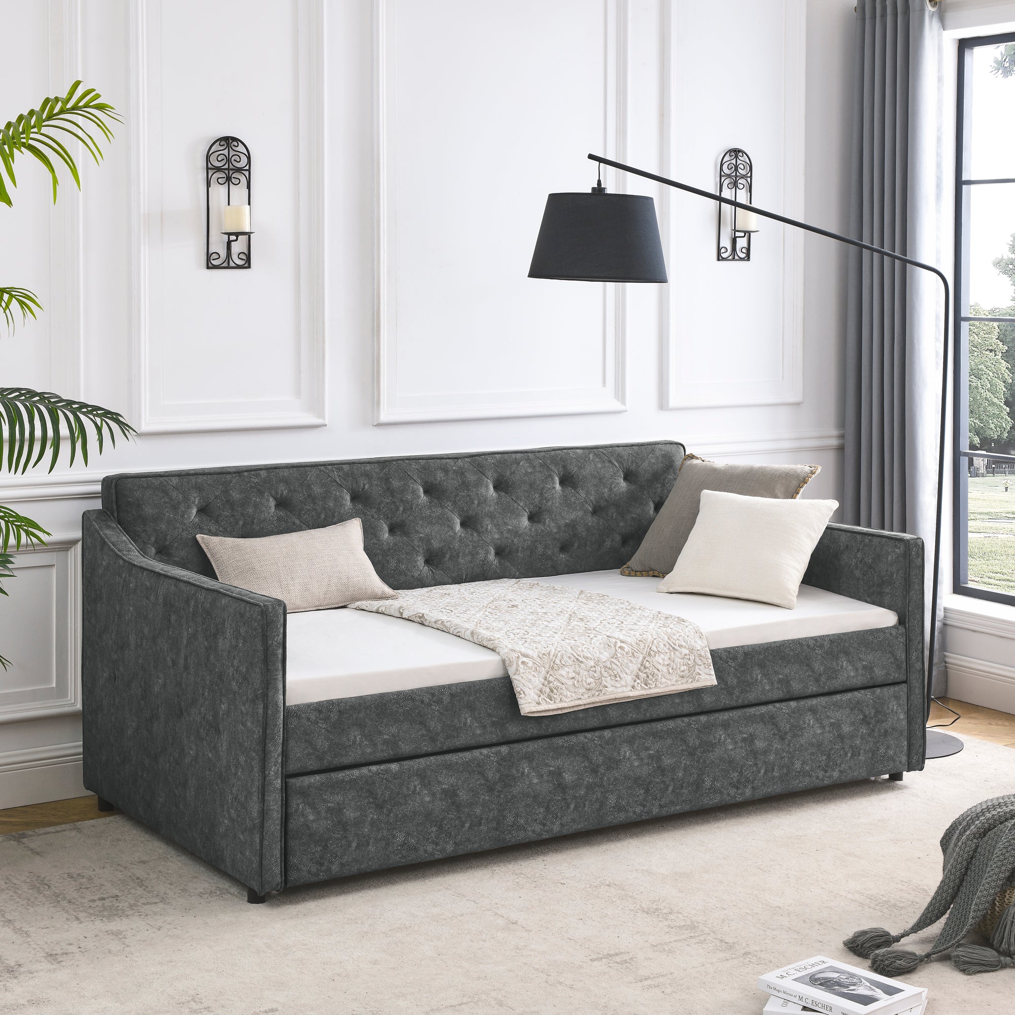 Mid-Century Grey Upholstered Twin Daybed with Trundle, Waved Arms, Eucalyptus Wood Frame, 80.5''x44.5''x33.5'' - Grand Goldman Shop