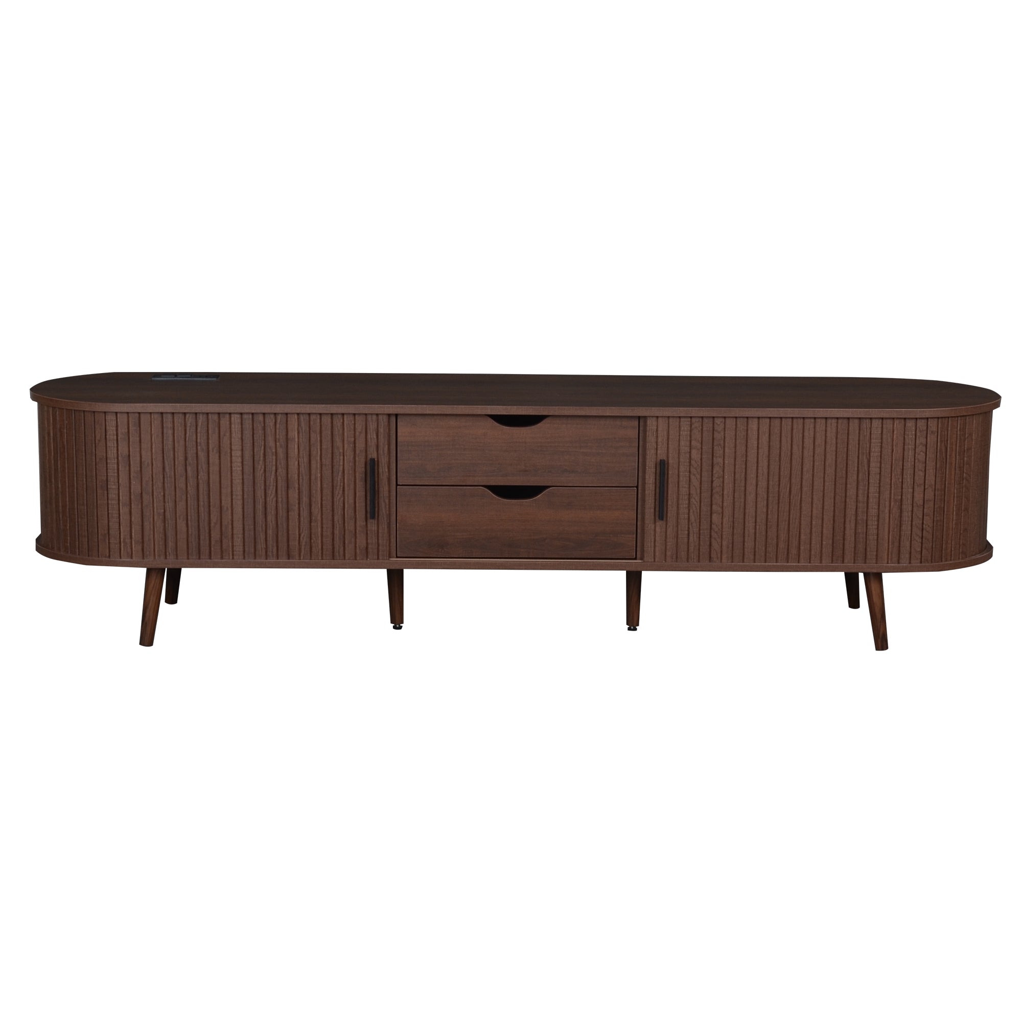 Mid Century Modern TV Stand for 70-Inch TV, Dark Brown MDF & Solid Wood Console with Tambour Doors, Drawers and Built-in Power Outlet - Grand Goldman Shop