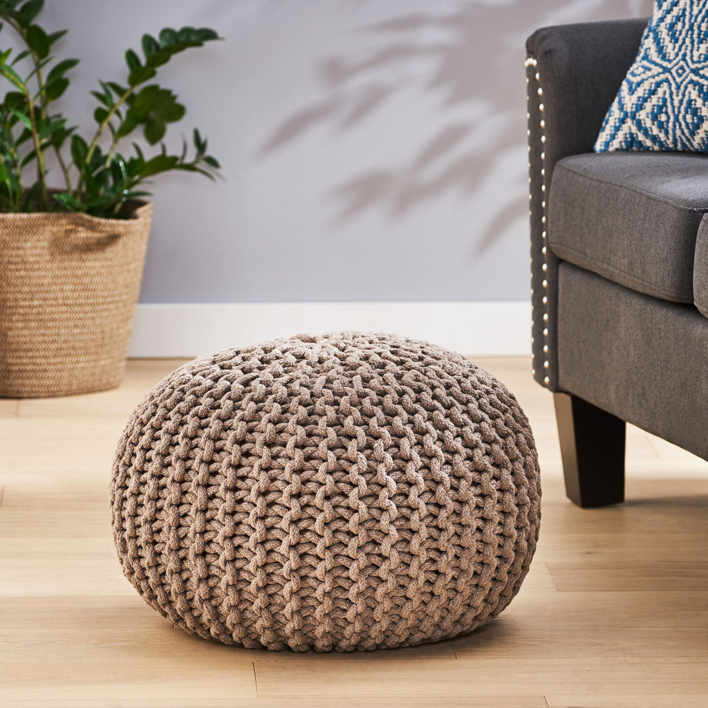Moro Knitted Cotton Round Pouf with Pumpkin Shape in Brown, 20 x 20 inches - Grand Goldman Shop
