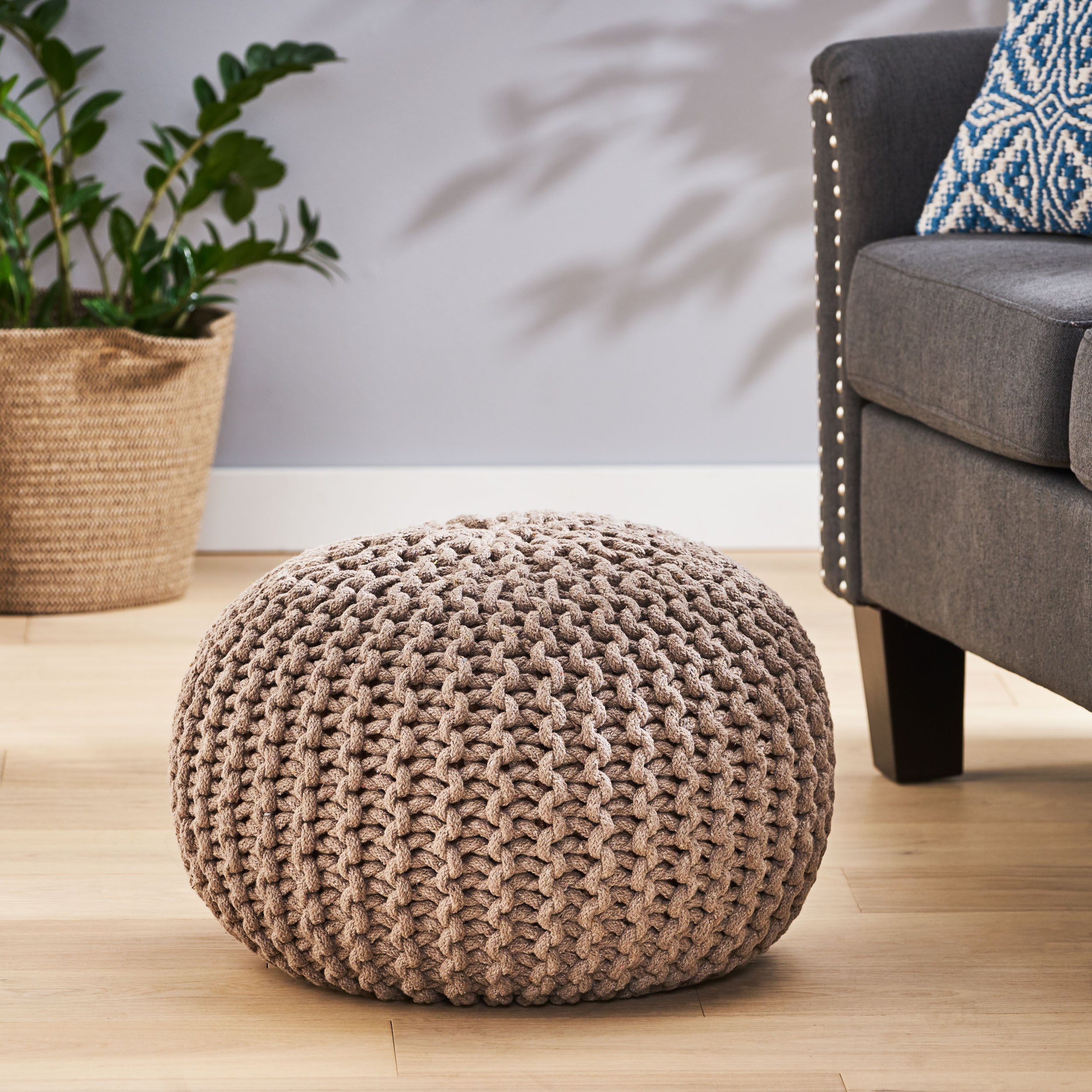 Moro Knitted Cotton Round Pouf with Pumpkin Shape in Brown, 20 x 20 inches - Grand Goldman Shop
