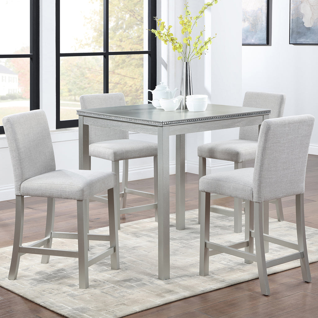 5 Piece Counter Height Table Set, Wooden Kitchen Table Set with Square Table and 4 Upholstered Chairs, Counter Height Dining Table with Crystal Decoration and Chair Set, Silver Grey - Grand Goldman Shop