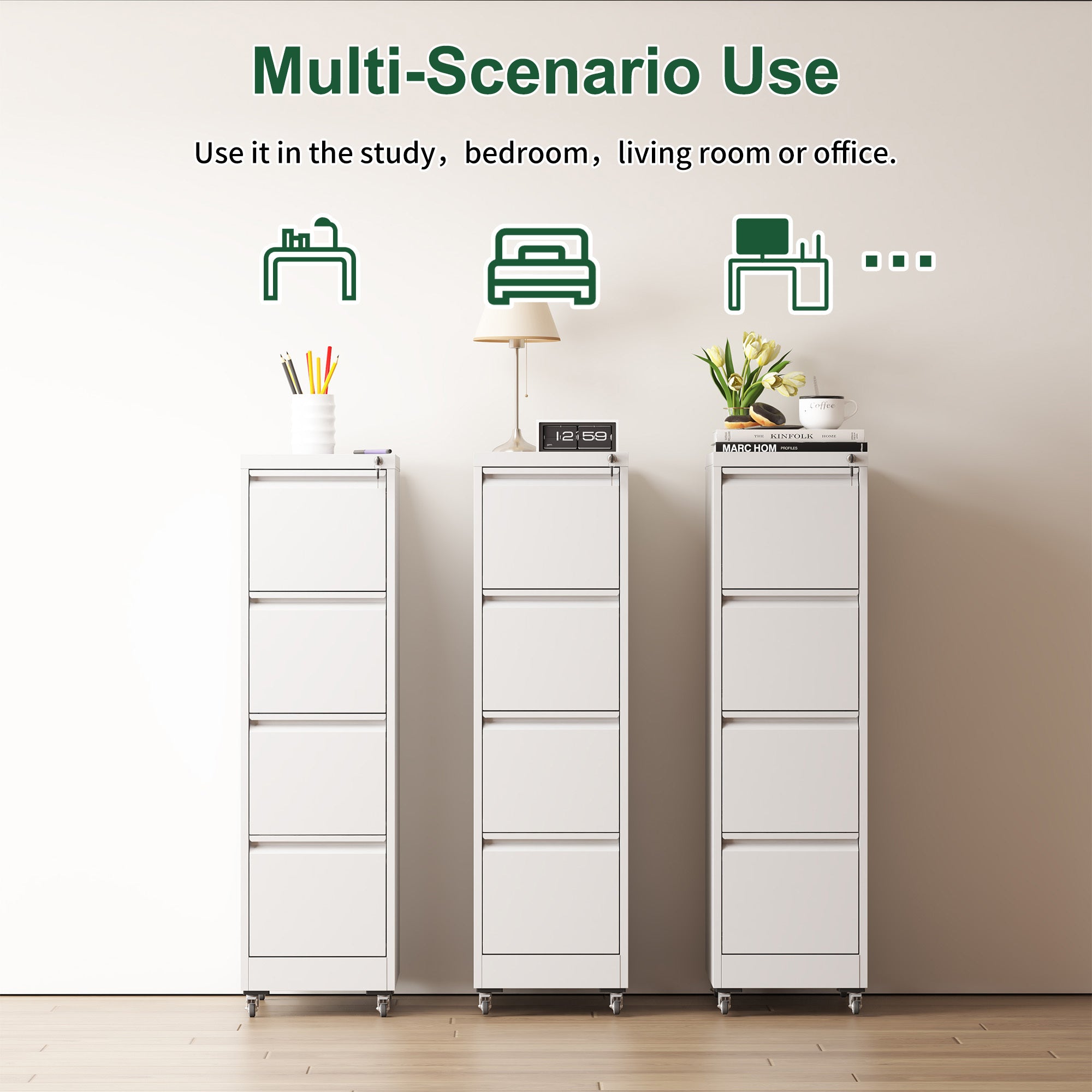 4 Drawer Metal Locking Vertical File Cabinet with Wheels - Heavy-Duty Lockable Storage for Home & Office, Black and White, 17