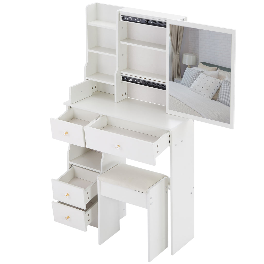 29.2' Small Space Left Drawer Desktop Vanity Table + Cushioned Stool, Extra Large Right sliding mirror, Multi Layer High Capacity Storage, Practical Fashionable Dresser, Suitable For Small Space - Grand Goldman Shop