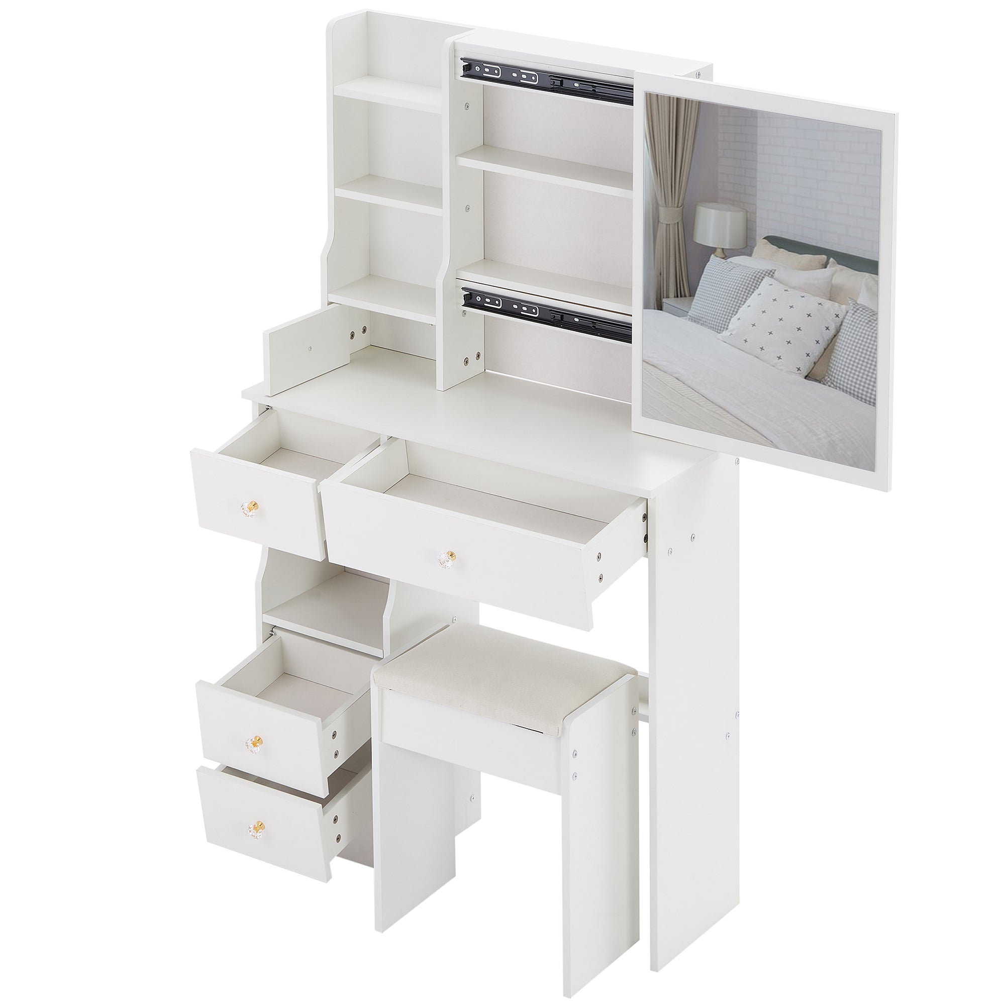 29.2' Small Space Left Drawer Desktop Vanity Table + Cushioned Stool, Extra Large Right sliding mirror, Multi Layer High Capacity Storage, Practical Fashionable Dresser, Suitable For Small Space - Grand Goldman Shop