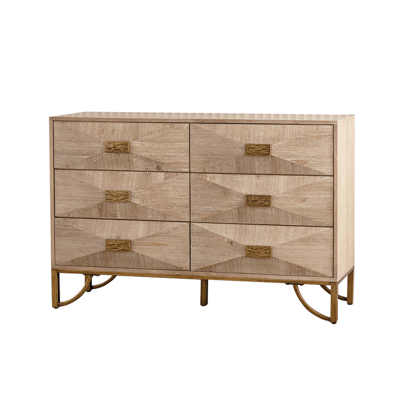 47.24' Light Wood 6-Drawer Dresser - Geometric Relief Chest of Drawers with Gold Metal Legs, Modern Sideboard Console Table for Living Room/Bedroom - Grand Goldman Shop